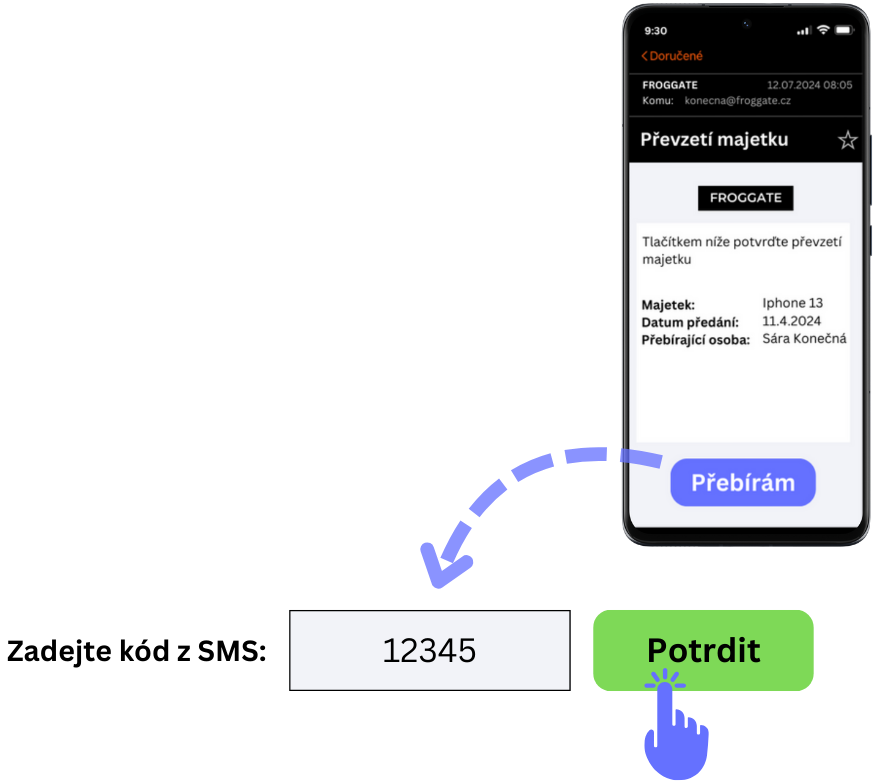 Akční tlačítka - předání majetku e-mailem na telefonu