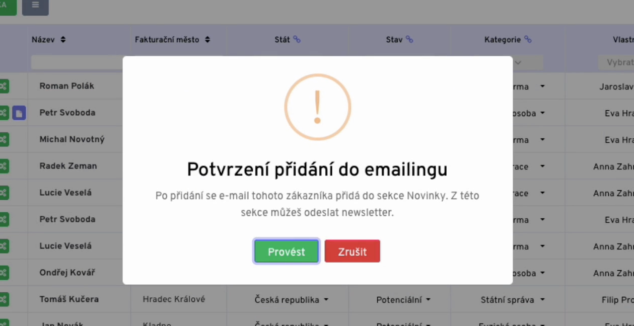 Potvrzovací okno u akce